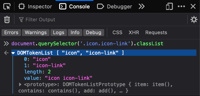Example of a classList console log